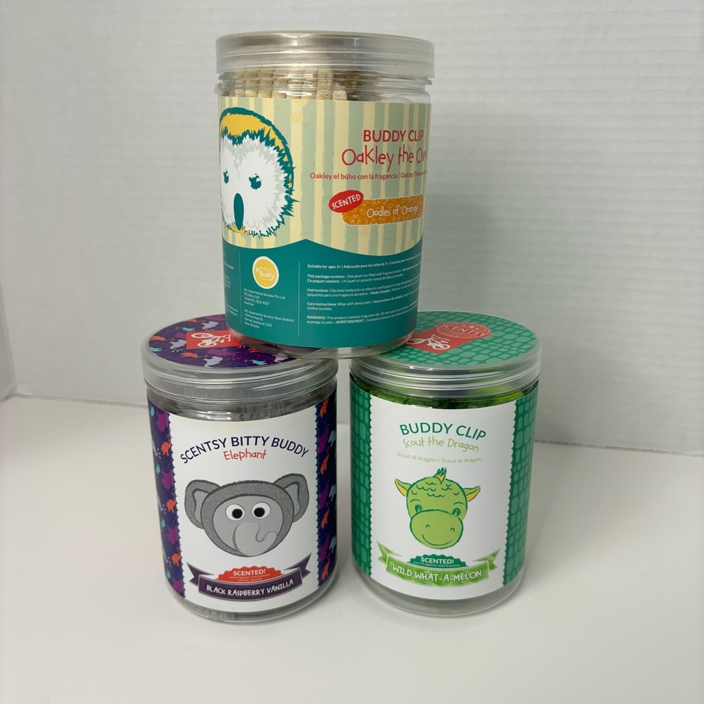 Scentsy Buddy's 1 Bitty Buddy Elephant, 2 Buddy Clip Oakley Owl & Scout Dragon